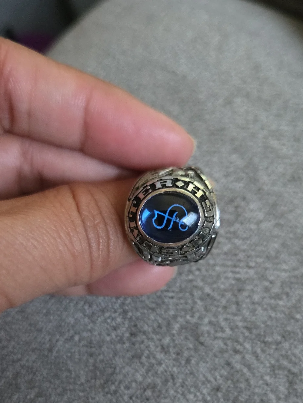 Vtg Size 9 1983 Stainless Steel Blue Stone Signet Ring Sumter High Wrestling